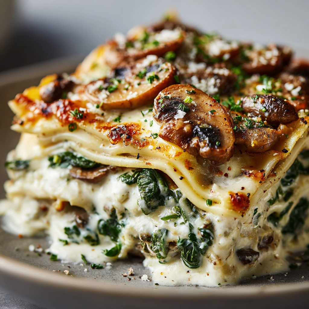 Layering spinach and mushroom white lasagna