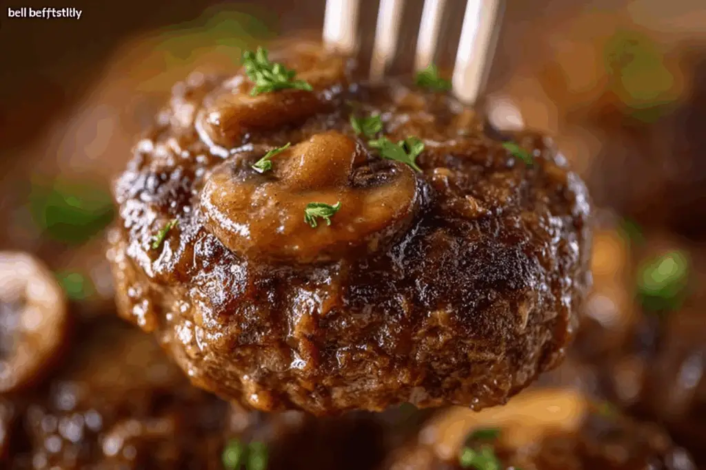 Salisbury steak recipe in skillet with brown mushroom gravy