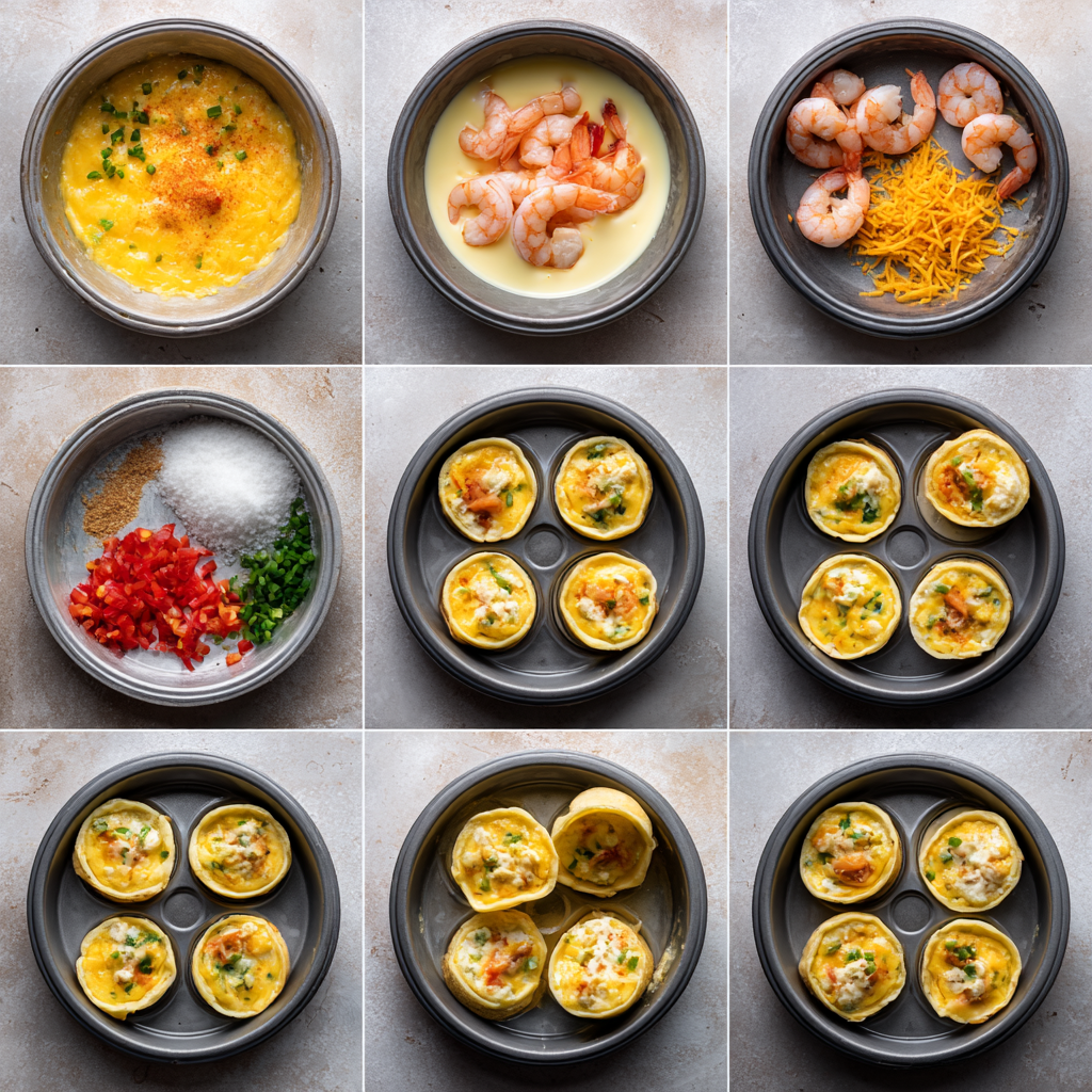 Preparing cheddar crab and shrimp mini quiches