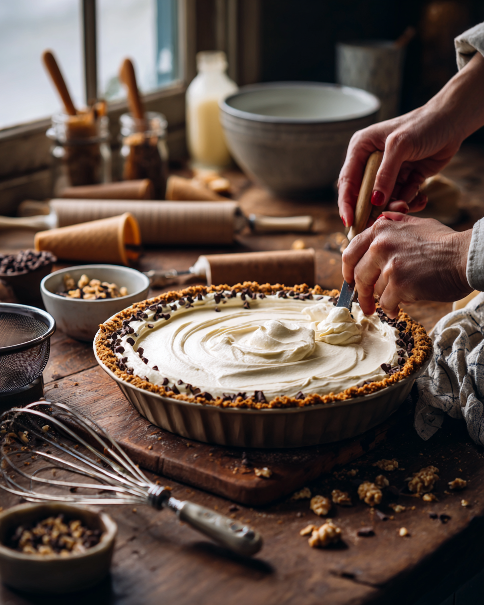 Slice of Cannoli Cream Pie with orange zest and chocolate chip garnish