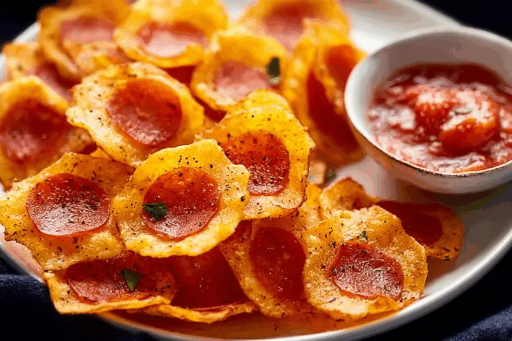 Close-up of 2-Ingredient Pizza Chips fresh out of the oven