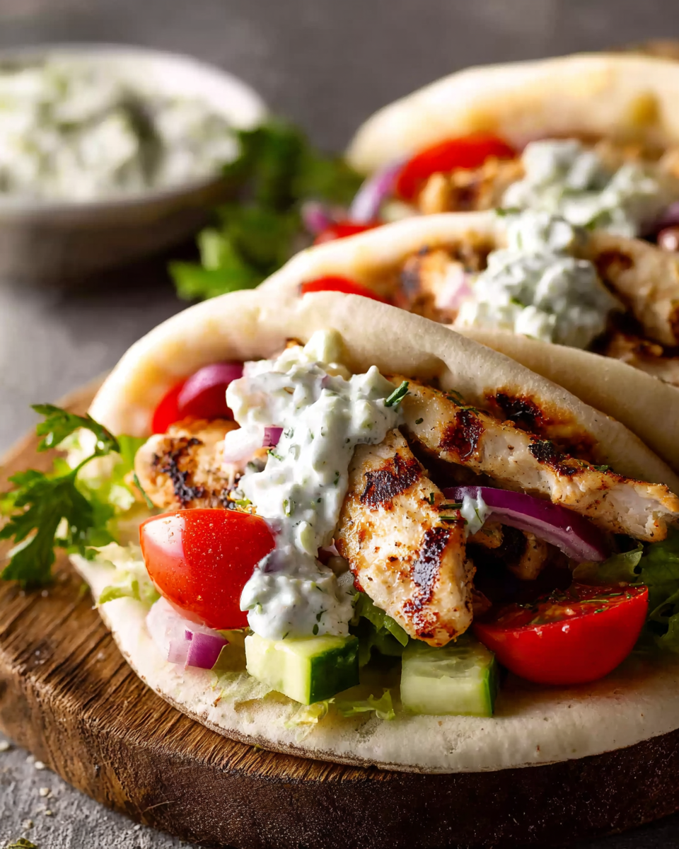 Assembling Greek chicken gyros with toppings.