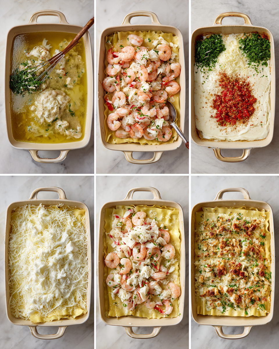 Layering noodles, cheese, and seafood for lasagna