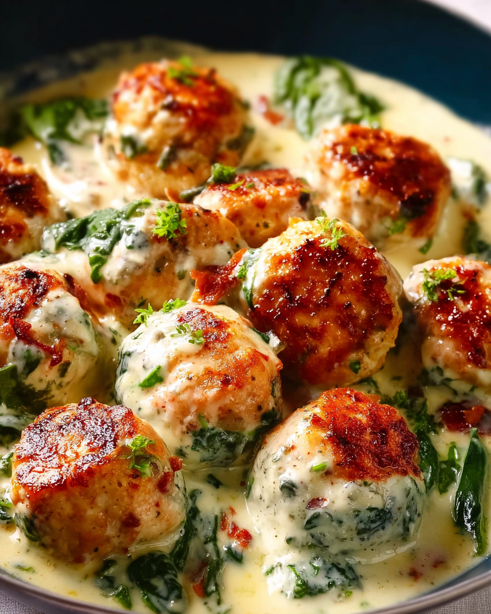 Baked Chicken Ricotta Meatballs with Spinach Alfredo Sauce