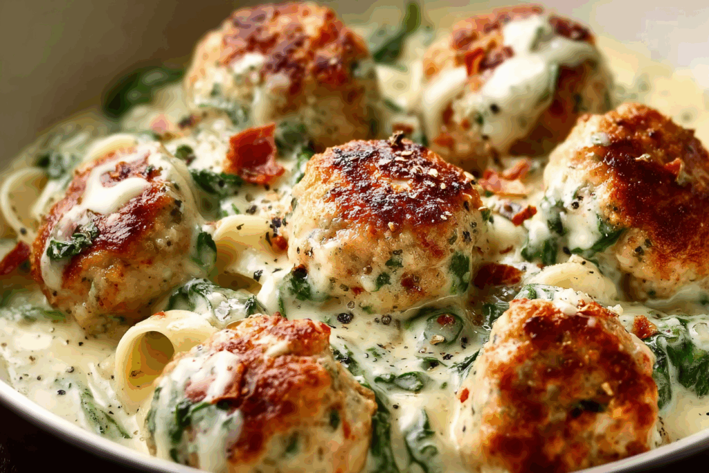 Baked chicken ricotta meatballs with spinach Alfredo sauce on a plate