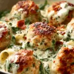 Baked chicken ricotta meatballs with spinach Alfredo sauce on a plate