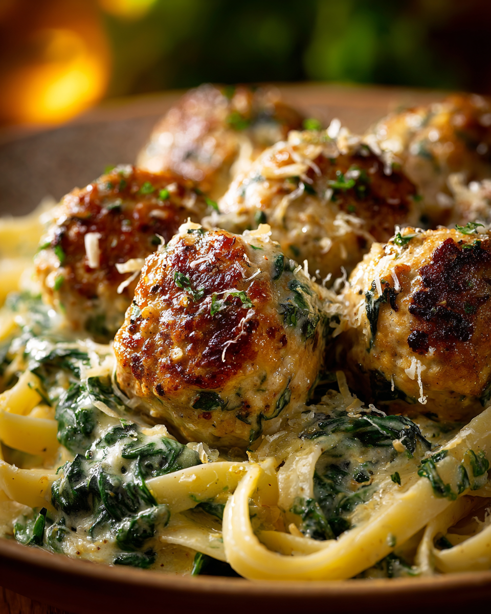 Baked Chicken Ricotta Meatballs with Spinach Alfredo Sauce
