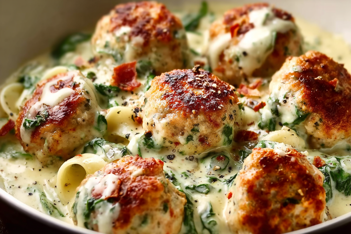 Baked chicken ricotta meatballs with spinach Alfredo sauce on a plate