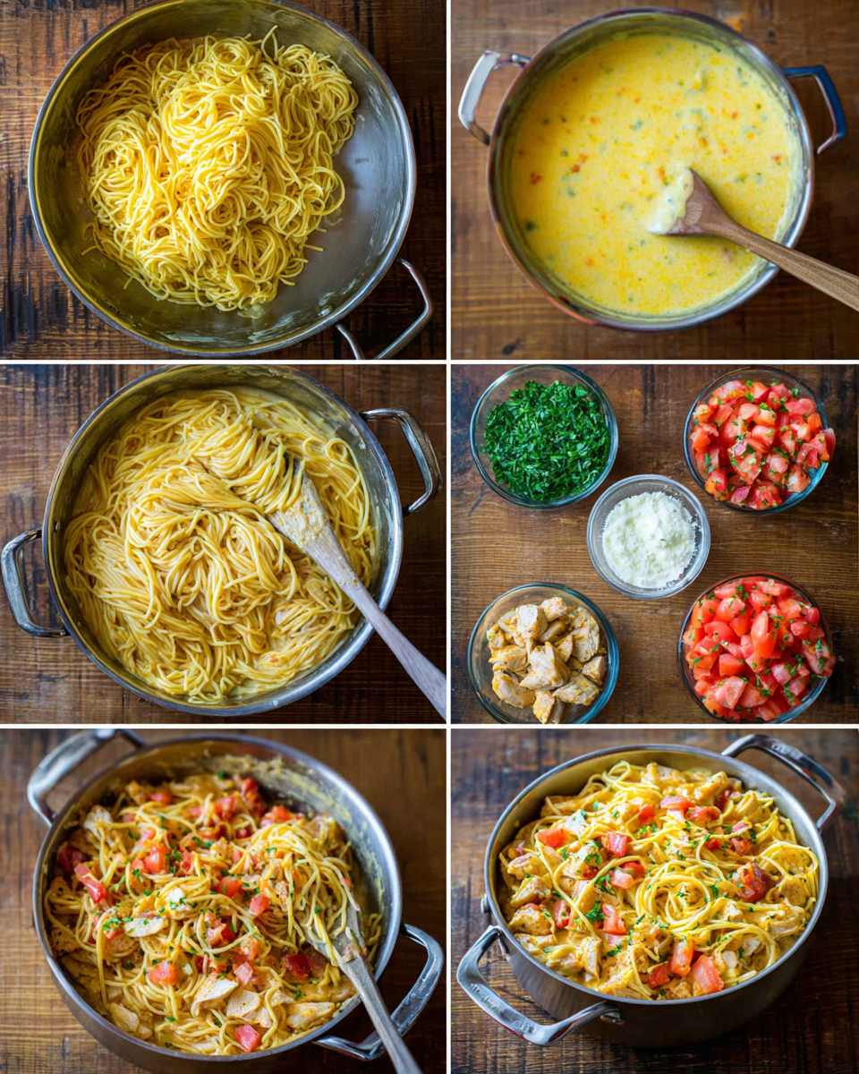 Baked Chicken Spaghetti with Rotel and Velveeta casserole.