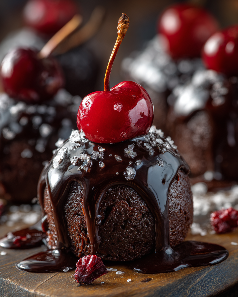 Chocolate covered cherry brownie bombs arranged in a gift box.