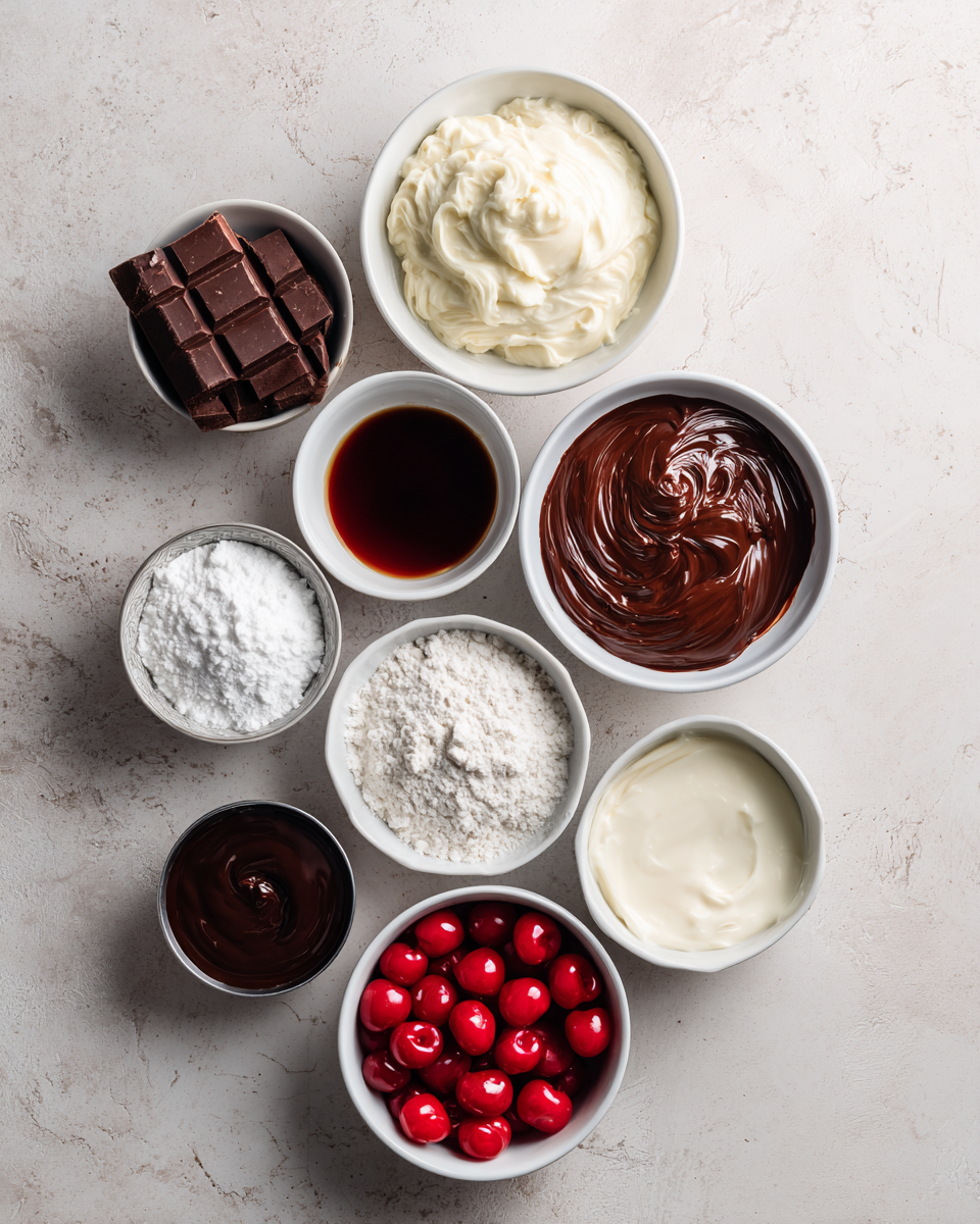 Ingredients for chocolate covered cherry brownie bombs arranged on a countertop.