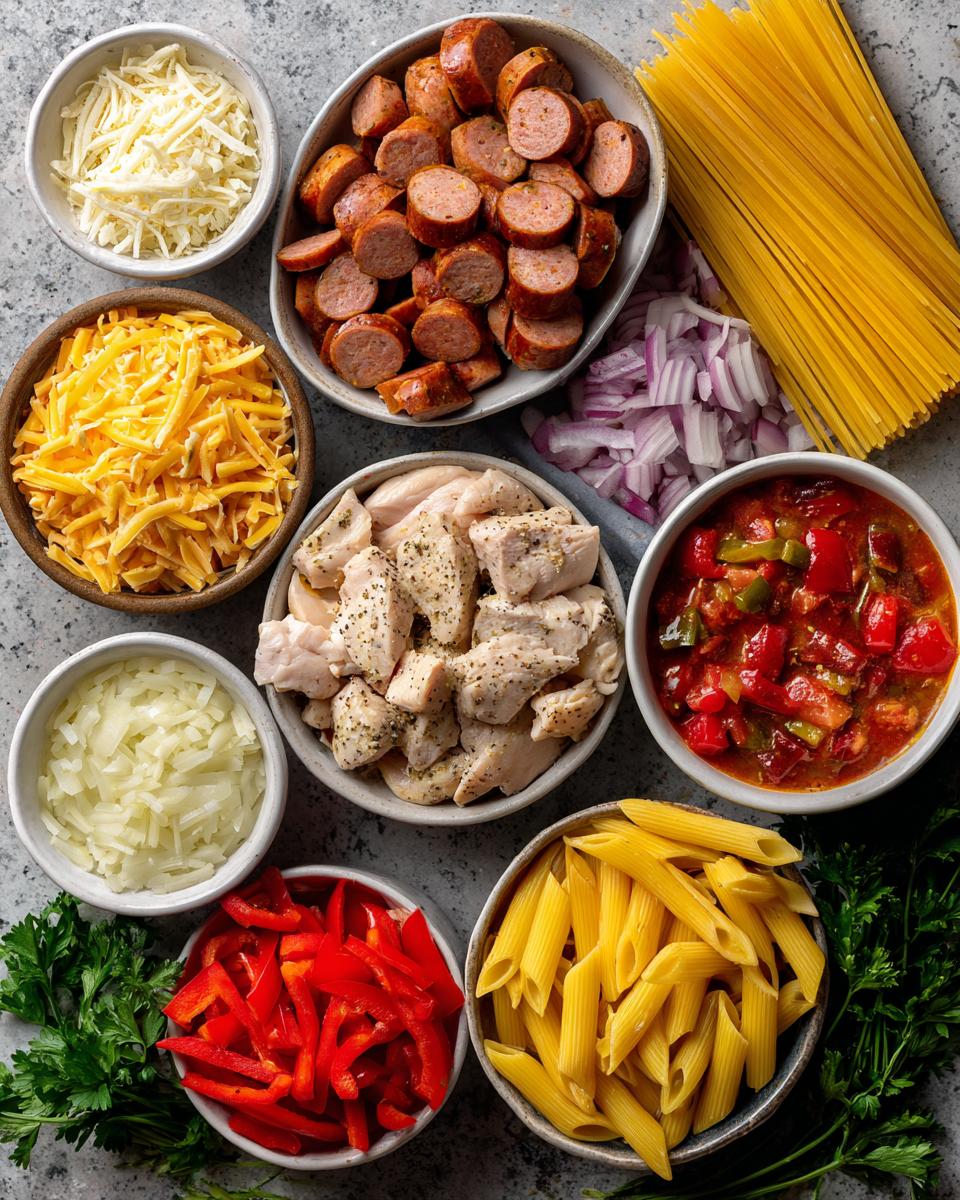Chicken and sausage sautรฉ in skillet
