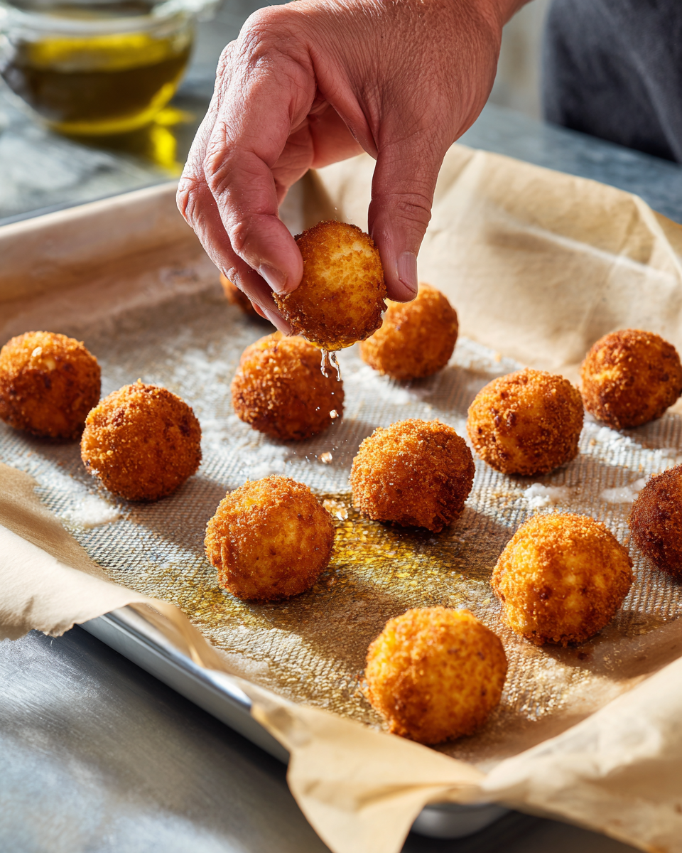 Crispy Fried Cheese Balls arranged on a wooden platter with dipping sauces