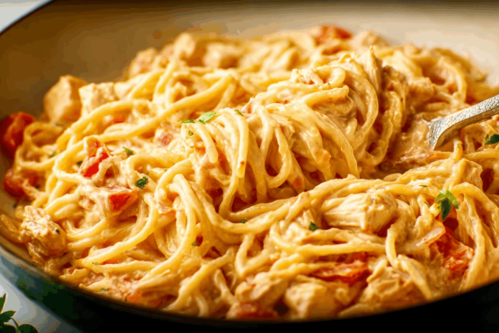 Chicken Spaghetti with Rotel and Velveeta served hot on a plate.