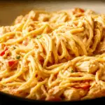 Chicken Spaghetti with Rotel and Velveeta served hot on a plate.