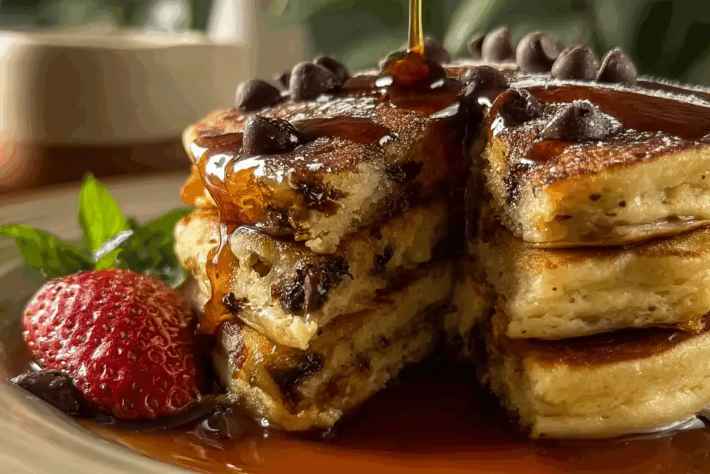 Stack of chocolate chip cottage cheese pancakes with Greek yogurt and berries