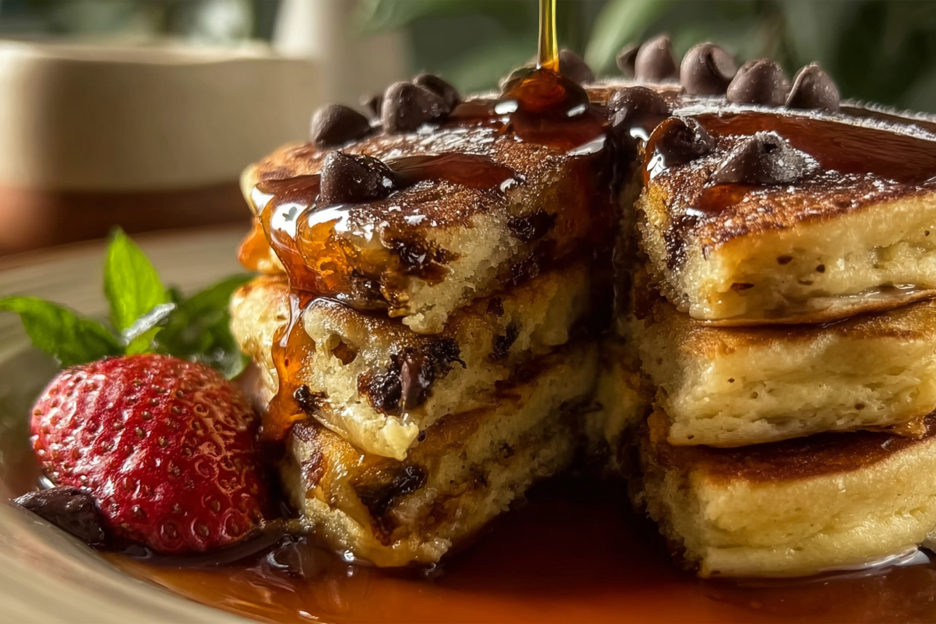 Stack of chocolate chip cottage cheese pancakes with Greek yogurt and berries