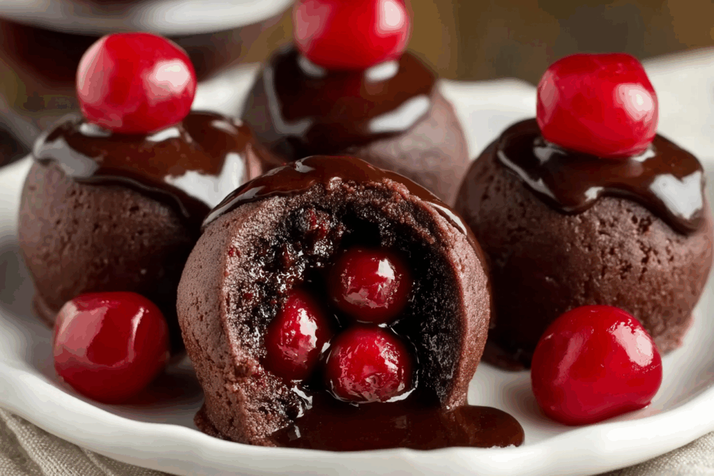 Plate of chocolate-covered cherry brownie bombs cut open to show cherry center.