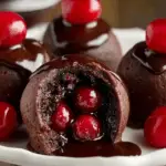Plate of chocolate-covered cherry brownie bombs cut open to show cherry center.