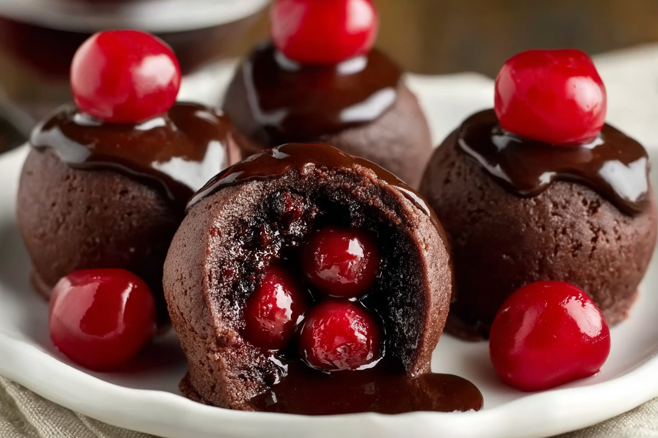 Plate of chocolate-covered cherry brownie bombs cut open to show cherry center.