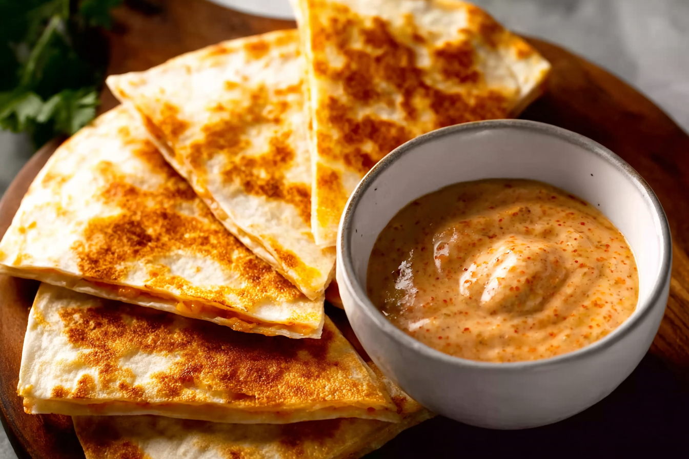 Bowl of creamy jalapeño sauce next to melted quesadilla wedges