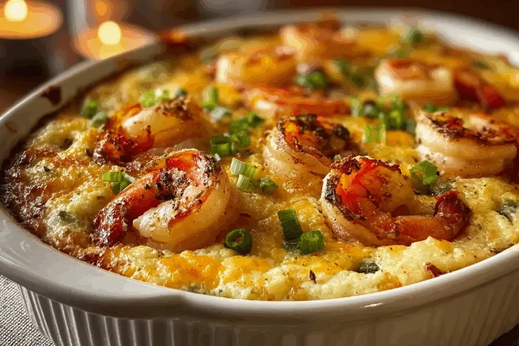 A cozy and indulgent Creamy Shrimp and Grits Casserole with Cheddar Crust just out of the oven