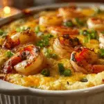 A cozy and indulgent Creamy Shrimp and Grits Casserole with Cheddar Crust just out of the oven