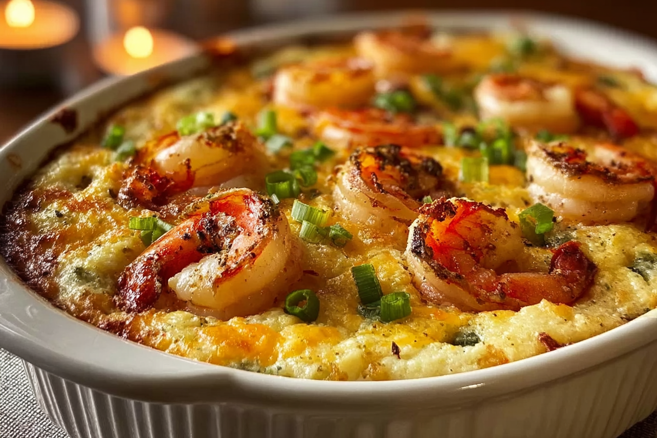 A cozy and indulgent Creamy Shrimp and Grits Casserole with Cheddar Crust just out of the oven