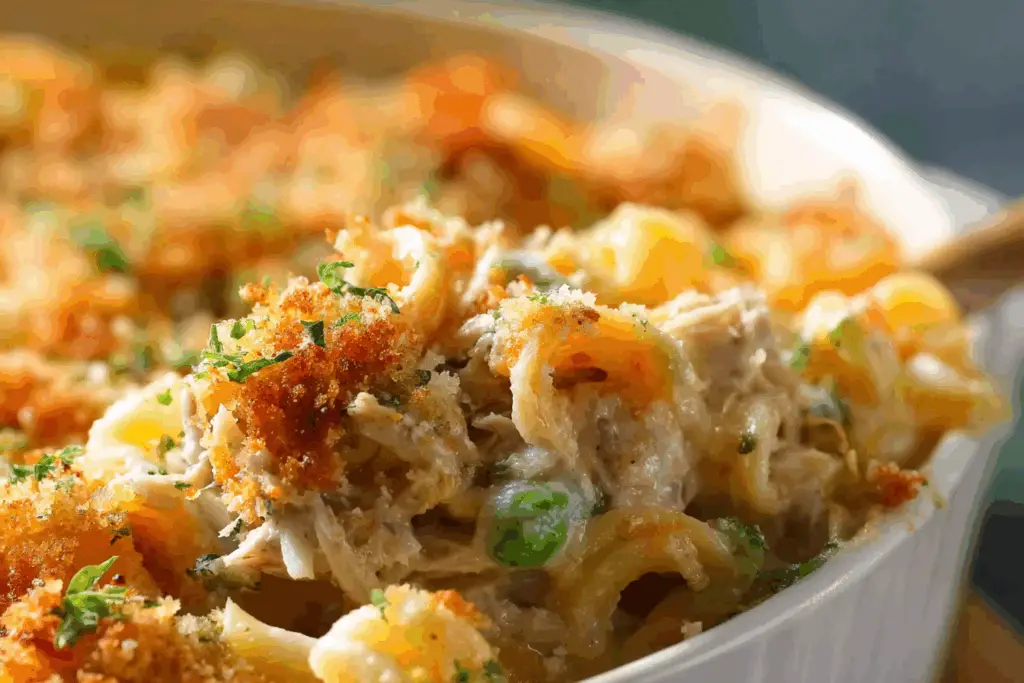 Classic tuna casserole baked with breadcrumbs and golden top