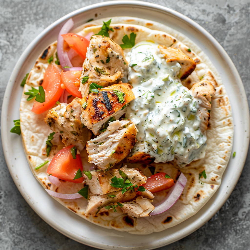 Greek feast with chicken gyros and traditional sides.
