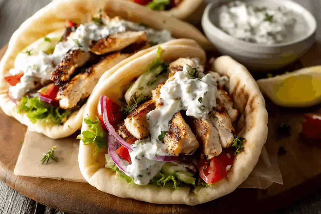 Greek-Style Chicken Gyros with Homemade Tzatziki wrapped in pita.