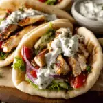 Greek-Style Chicken Gyros with Homemade Tzatziki wrapped in pita.