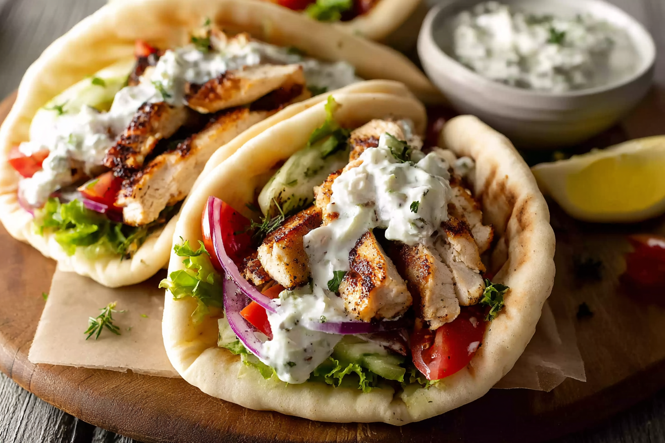 Greek-Style Chicken Gyros with Homemade Tzatziki wrapped in pita.