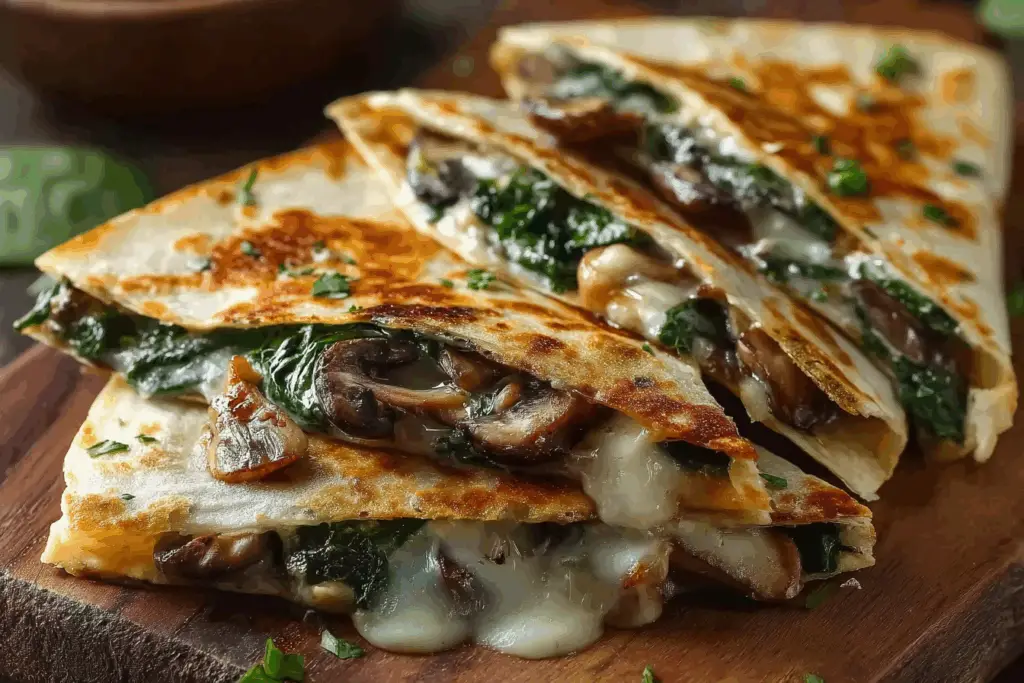 Freshly baked spinach mushroom quesadillas on a wooden board