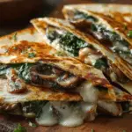 Freshly baked spinach mushroom quesadillas on a wooden board