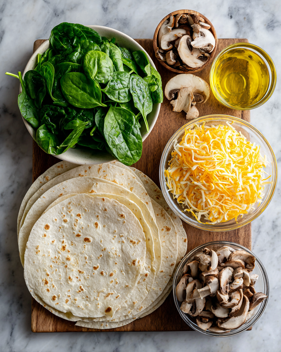 Ingredients for spinach mushroom quesadillas laid out