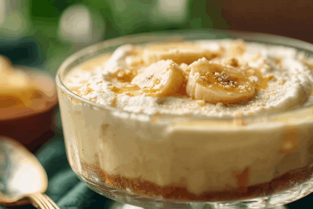 Banana pudding recipe in a trifle bowl