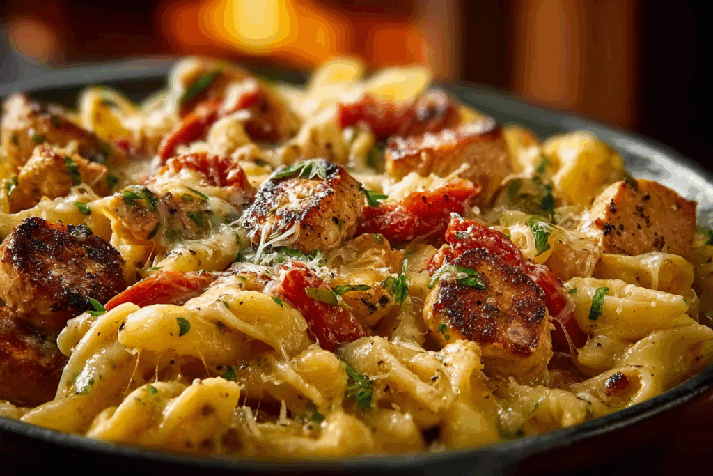 Golden cheesy Cajun chicken and sausage pasta casserole