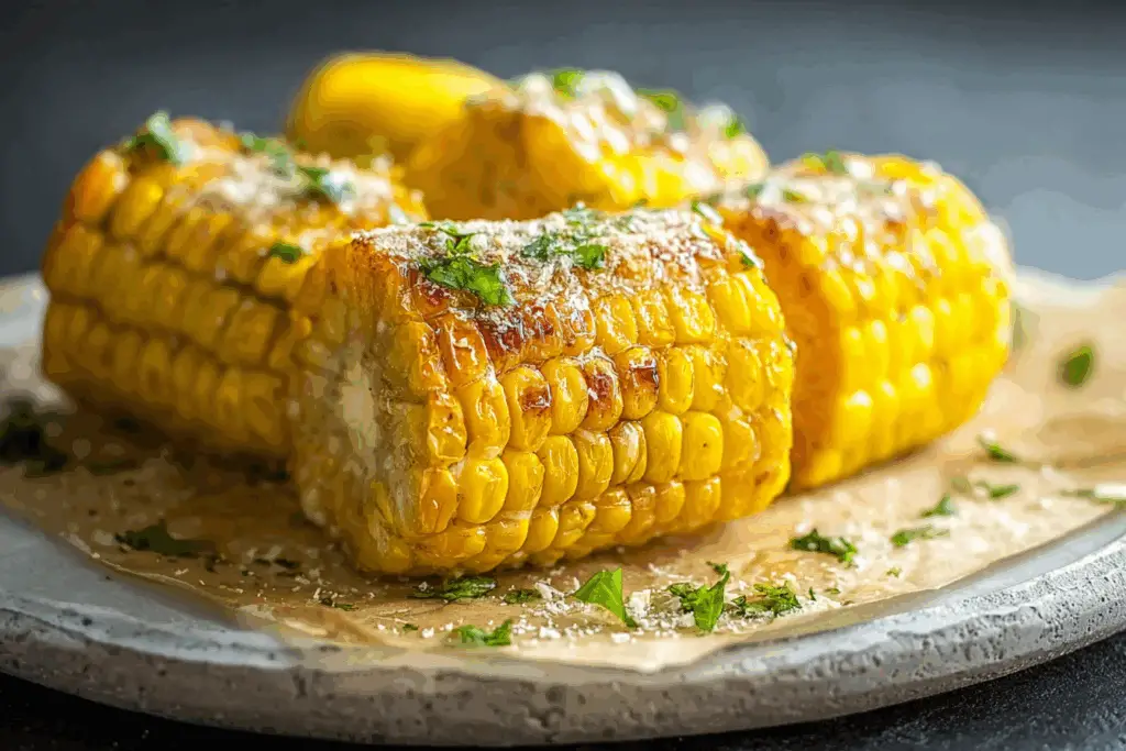 Freshly microwaved corn on the cob with melting butter