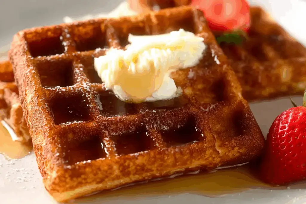 Stack of Old-Fashioned Pound Cake Waffles with berries and syrup