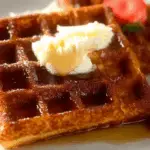 Stack of Old-Fashioned Pound Cake Waffles with berries and syrup