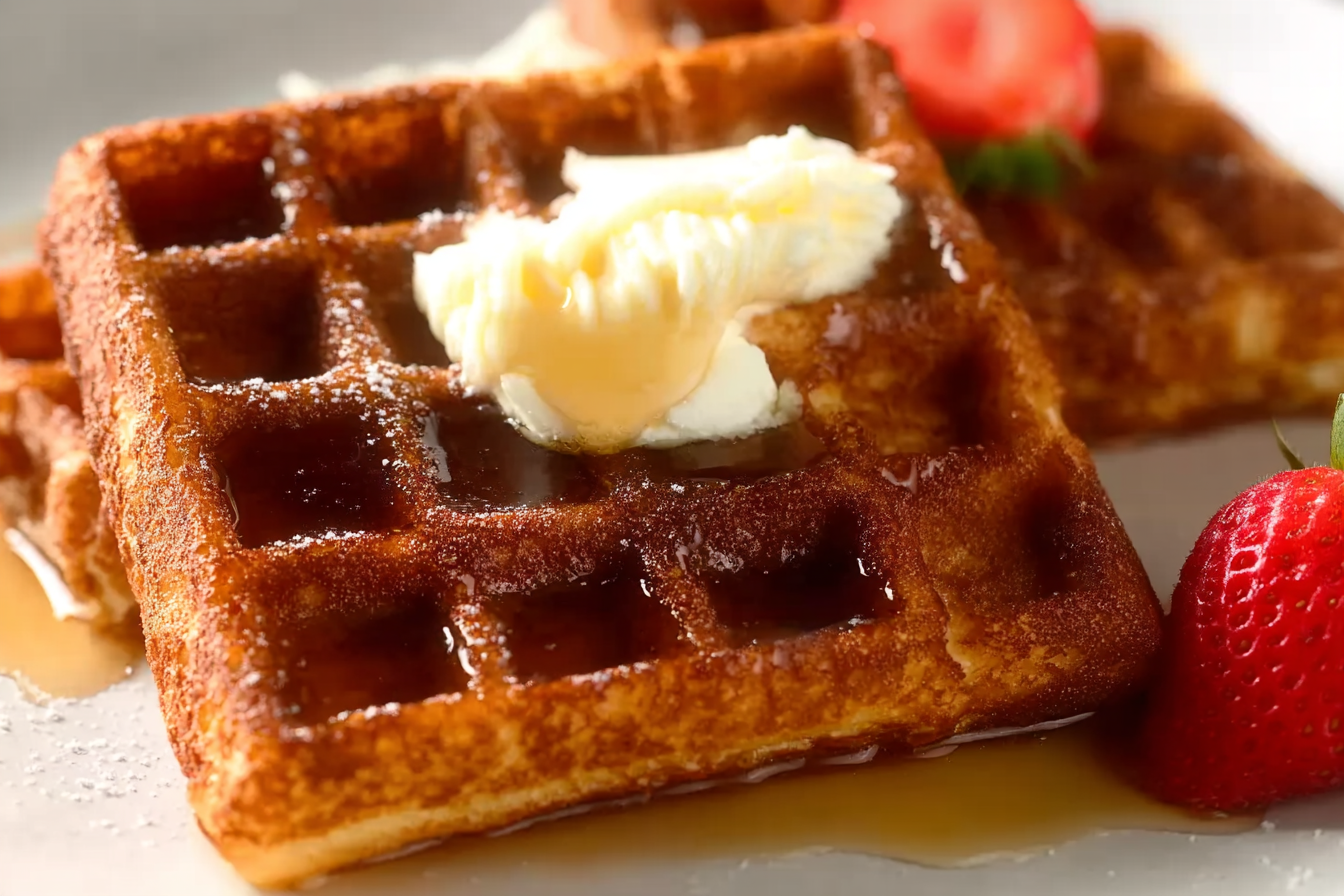 Stack of Old-Fashioned Pound Cake Waffles with berries and syrup