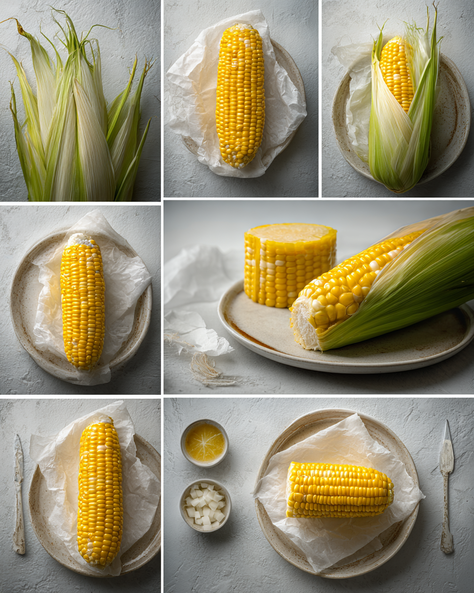 Overcooked corn on the cob next to perfectly microwaved corn