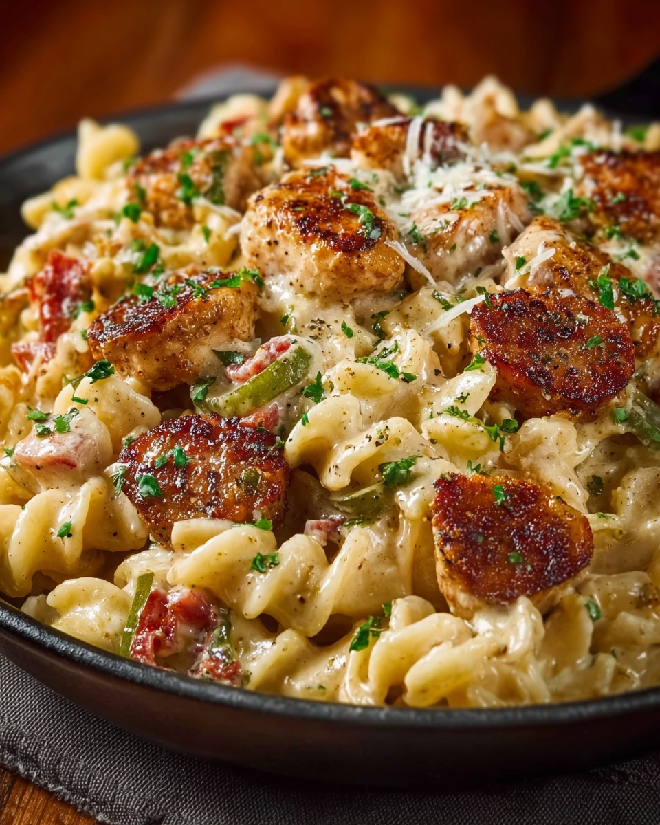 Tossing Loaded Chicken and Cajun Sausage Pasta Casserole ingredients