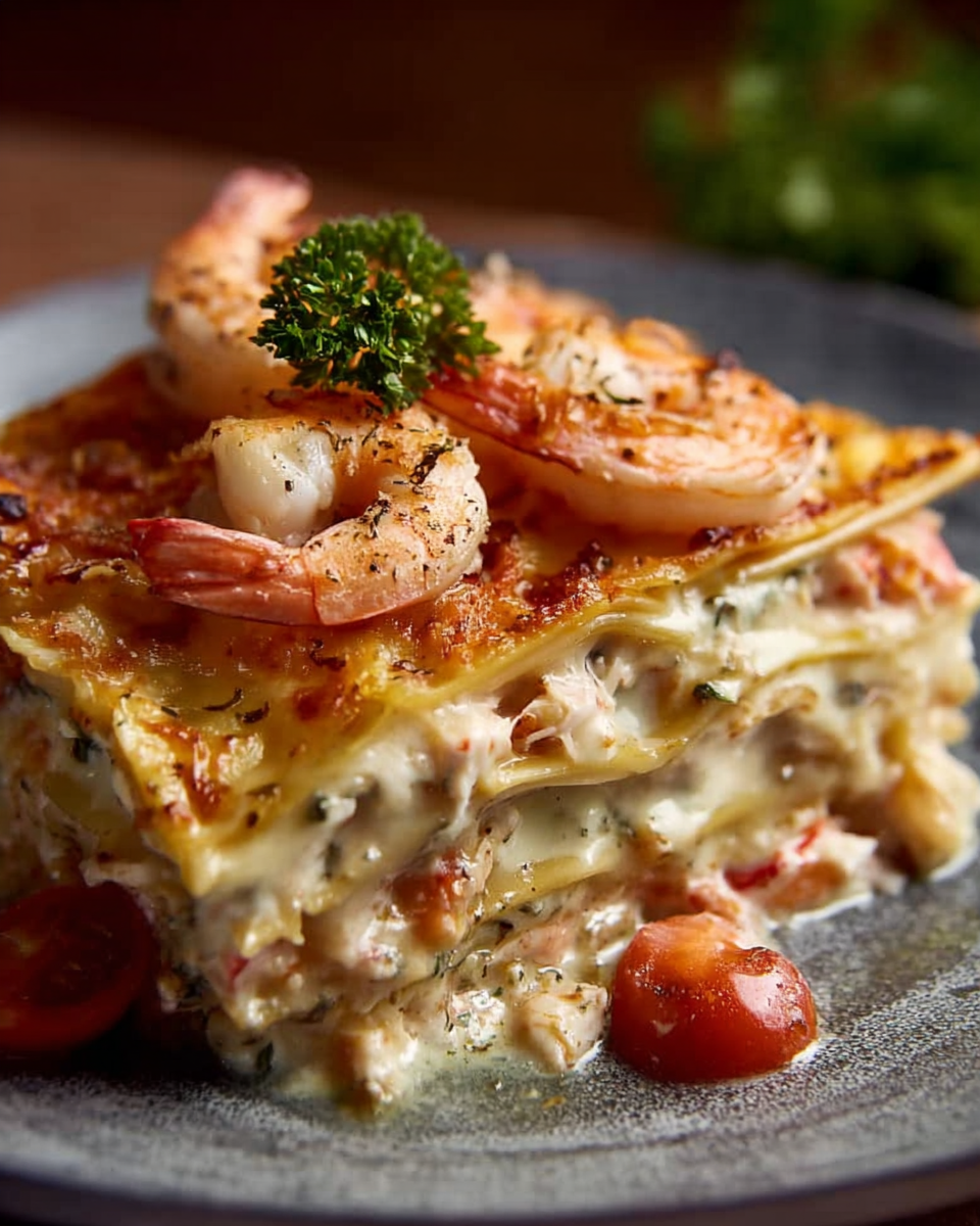 Slice of Seafood Lasagna with Shrimp & Crab on a plate