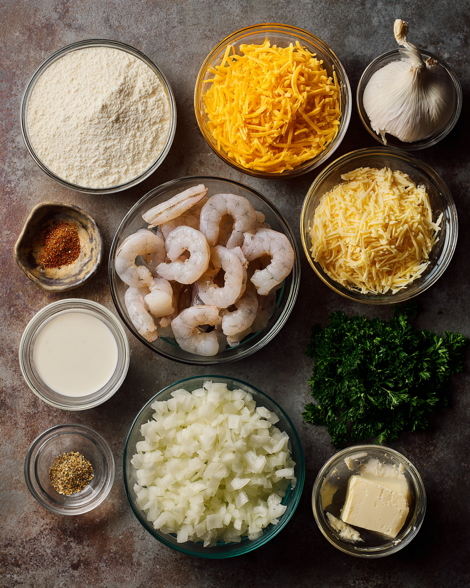 Stirring Creamy Shrimp and Grits Casserole with Cheddar Crust in a pot