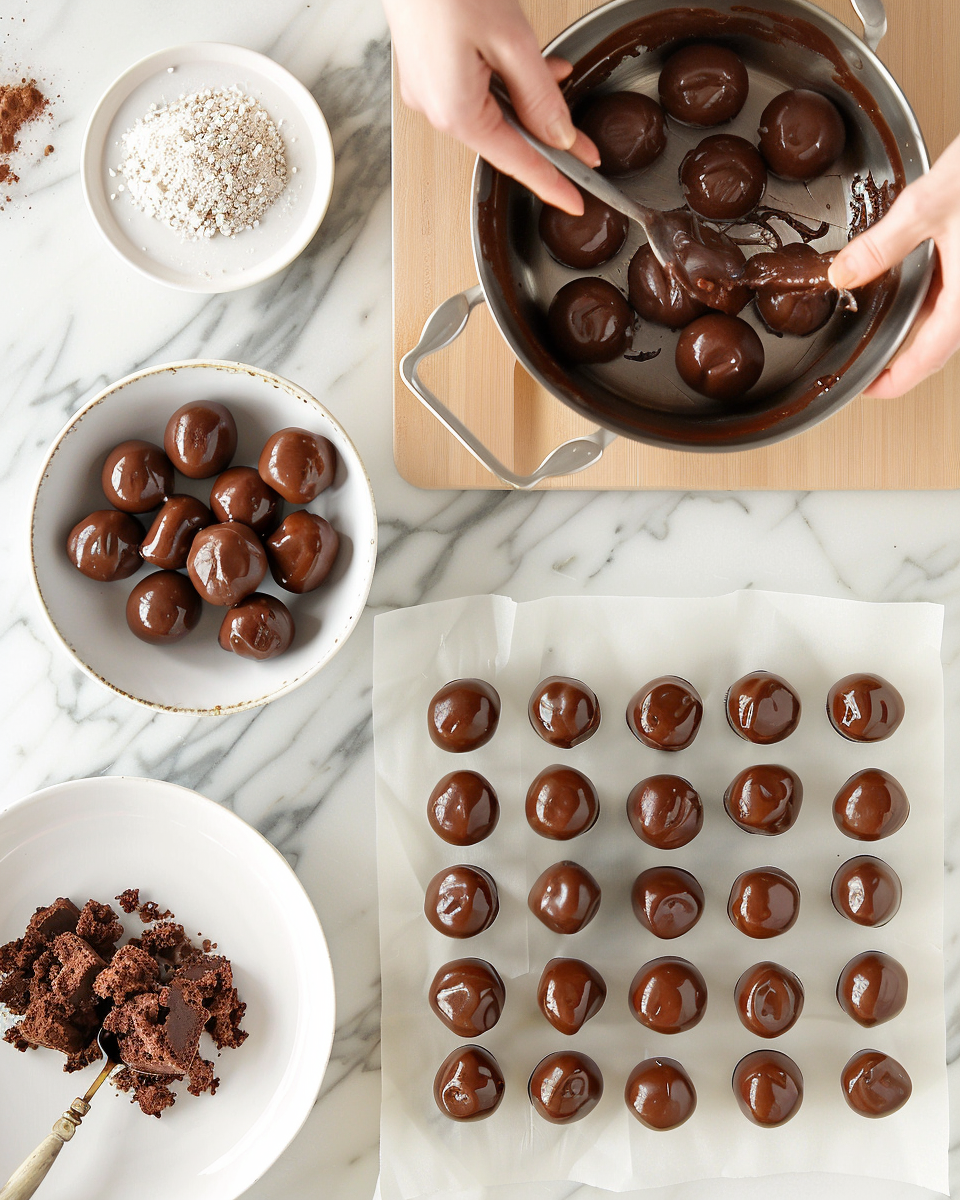 Baker forming brownie balls around cherries for brownie bombs.