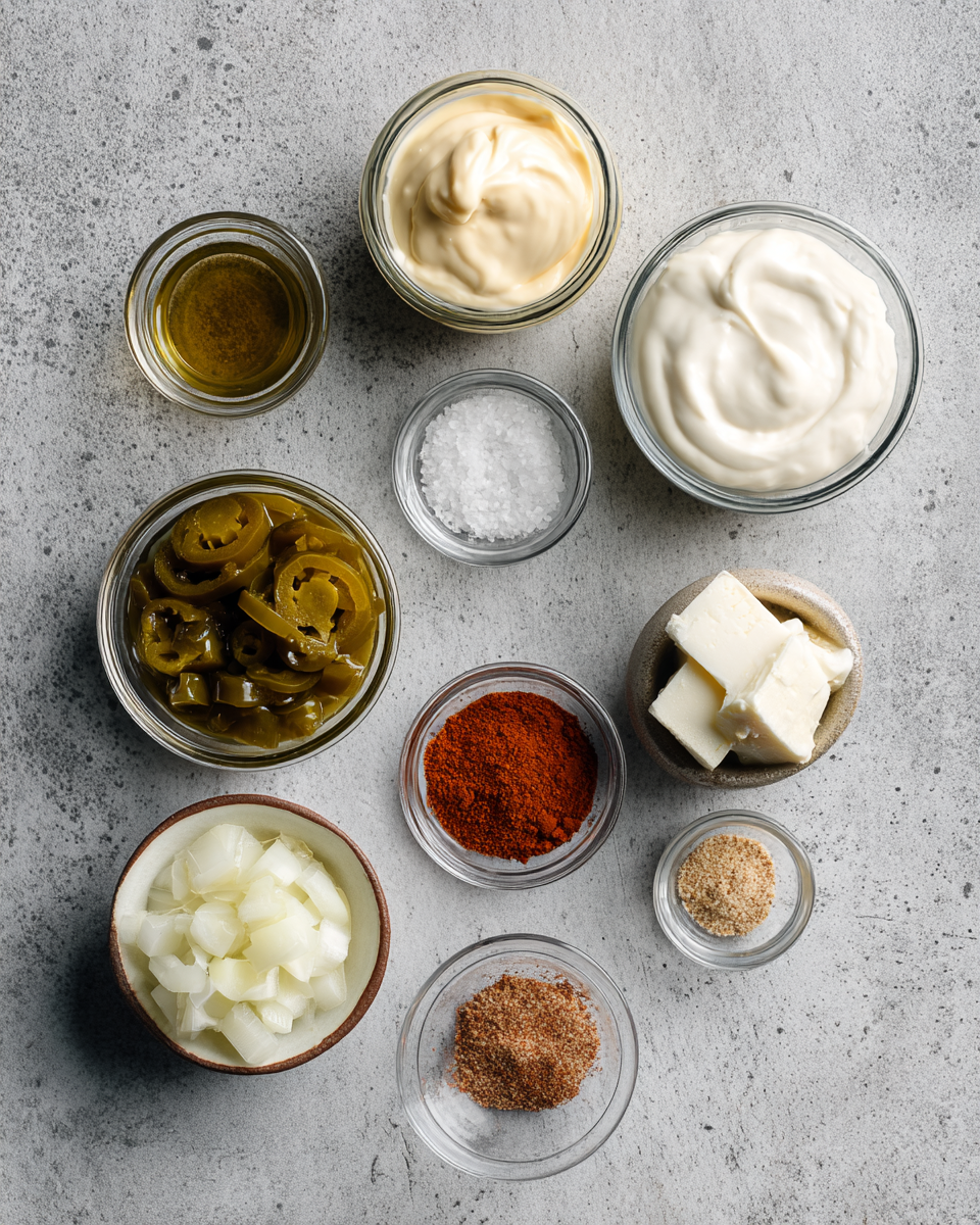 Ingredients for Taco Bell Quesadilla Sauce on a wooden board