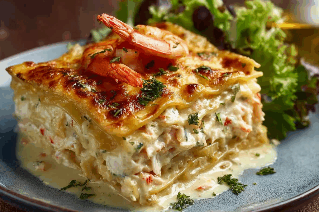 Seafood Lasagna with Shrimp & Crab fresh out of the oven