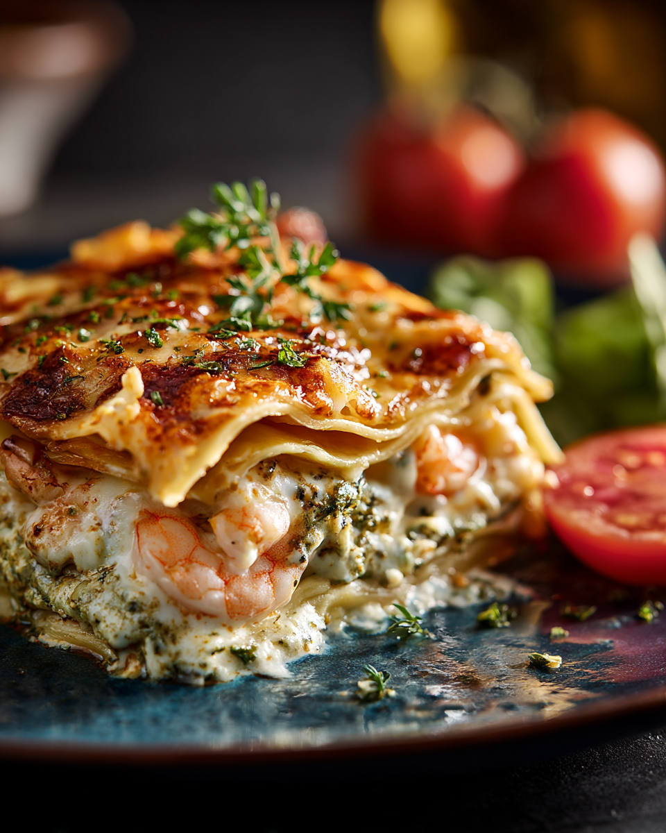 Seafood lasagna dinner with sides